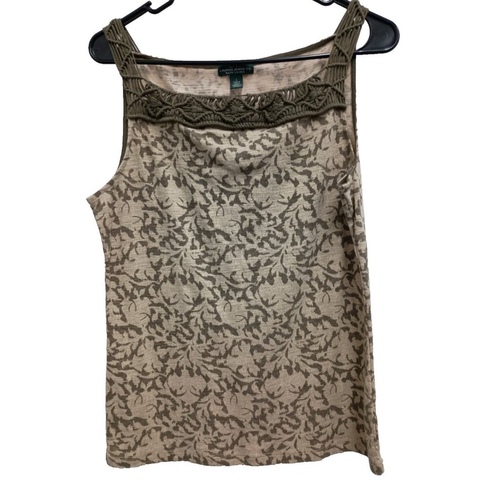 LRL Lauren Jeans Co Womens Tank Top Large Brown Floral Crochet Cottagecore BOHO